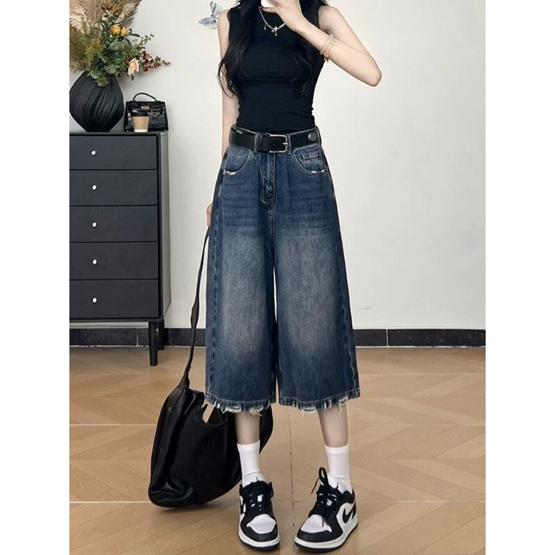 Korean Style Cool Washed White Denim Shorts for Women, 2026 Summer New Large Size Frayed Wide-Leg Workwear Cropped Pants Korean Style Cool Washed White Denim Shorts for Women, 2026 Summer New Large Size Frayed Wide-Leg Workwear Cropped Pants