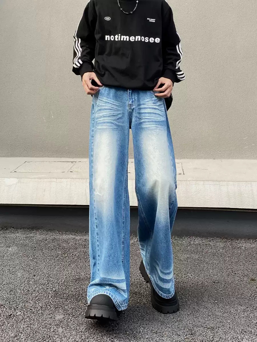 Vintage Washed Blue Wide Leg Jeans For Men & Women | Retro Loose Fit Straight Denim Pants | High Waist Comfort Styling_mkmklike.com