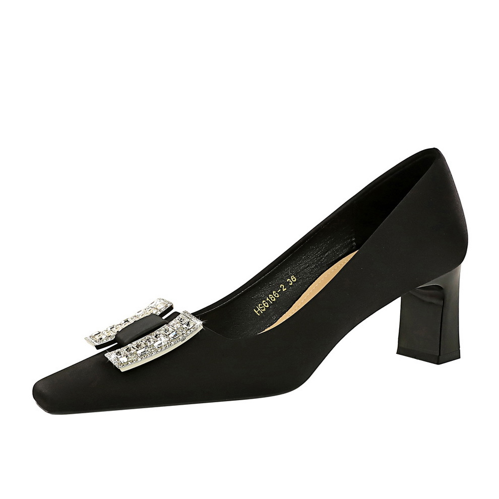 6186-K70 European and American style banquet light luxury women's shoes with thick heels, high heels, shallow cut square head silk, diamond buckle single shoes for women's shoes