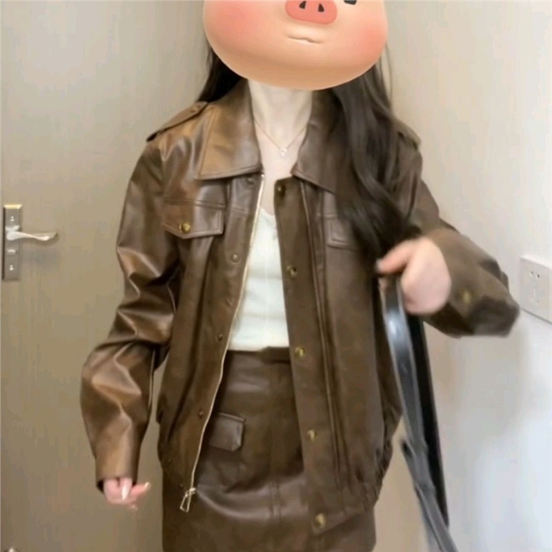 棕色高级感皮衣外套女春秋新款韩版宽松显瘦气质百搭机车皮夹克潮|undefined