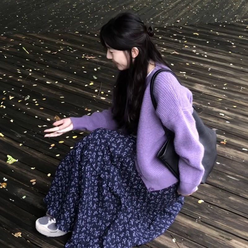 早秋甜美温柔风紫色针织开衫外套高腰碎花半身长裙女学生两件套装|undefined