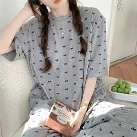 棉Korea夏季新款睡衣女套装蝴蝶结简约可外穿宽松家居服跨境专供