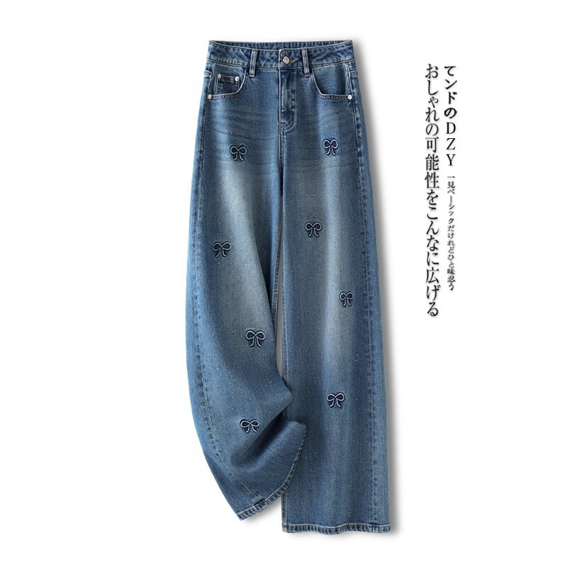 Diamond-Embellished Sequin Wide-Leg Jeans for Women 2026 Spring and Autumn New High-Waisted Retro Hot-Selling High-End Embroidered Straight-Leg Pants
