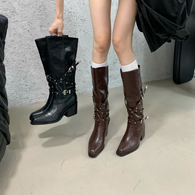 韓国ファッションブーツ、高級ベルトバックル、小柄な女性向けの太ヒールハイブーツ、膝上ハイヒールスリムブーツ|undefined