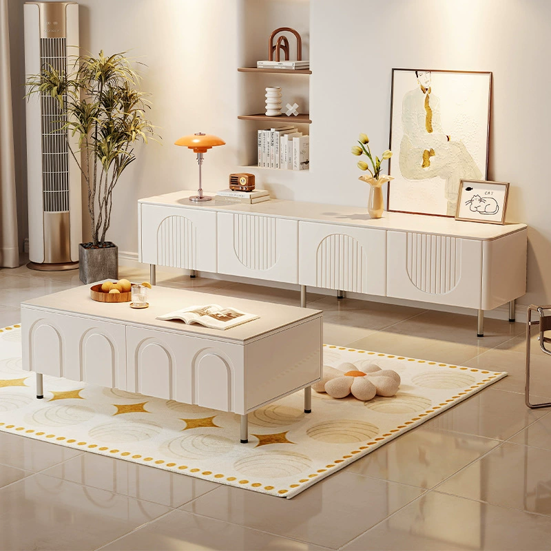 Шкаф для телевизора в кремовом стиле Современная простая гостиная Домашняя небольшая квартира Спальня Белая каменная доска Шкаф для телевизора Комбинация журнального столика