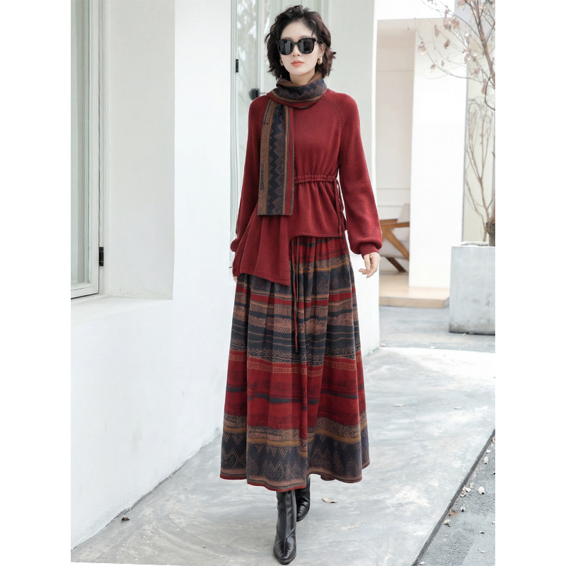 2026 Summer New Niche Irregular Fashion Knit Top with Retro Ethnic Style A-Line Skirt for Women 2026 Summer New Niche Irregular Fashion Knit Top with Retro Ethnic Style A-Line Skirt for Women