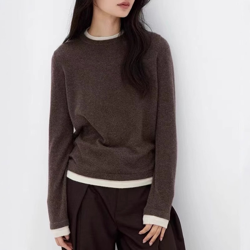 Contrast Color Fake Two-piece Round Neck Cashmere Knitted Base Shirt Women's Autumn and Winter Lazy High-grade Grey Sweater Inner Top