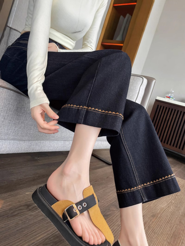 黑金色窄版阔腿牛仔裤女秋季2025新款高腰宽松显瘦小个子直筒裤子|undefined