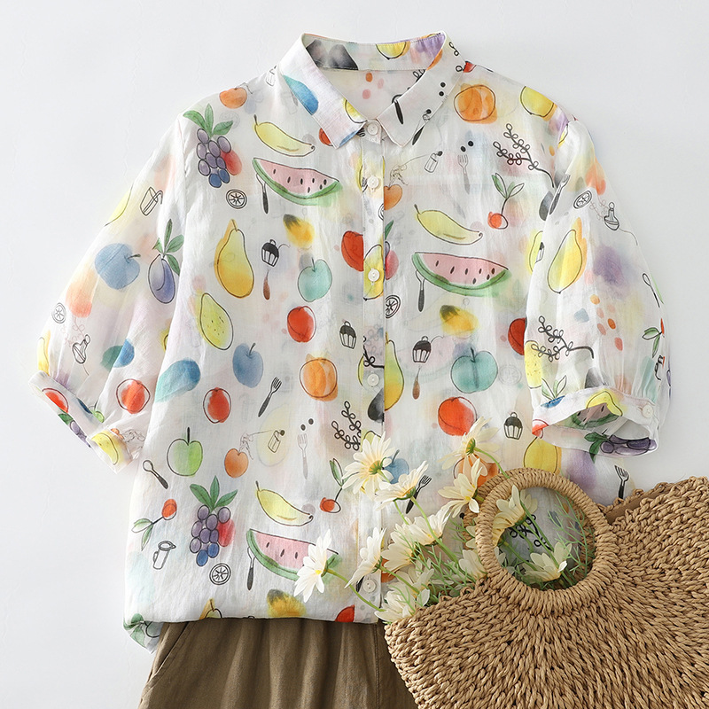 Real Shot of Colorful Summer Vacation Style Printed Top, Single-Breasted Collared Shirt, Short-Sleeved Summer Shirt for Women