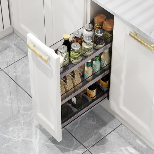 BG54 kitchen cabinet pull basket glass narrow cabinet seasoning basket mini seasoning rack storage 2 layers 3 layers bottom rail