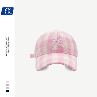 Hat Women's original all-match sweet bowknot embroidered baseball cap spring and summer Korean style Plaid peaked cap makes face look small