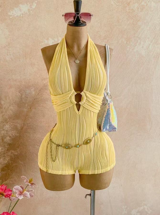 American Retro Wavy Striped Halter Neck Jumpsuit Shorts For Women Deep V Hollow Out Slim Fit Knit Jumpsuit_ecoleips.com