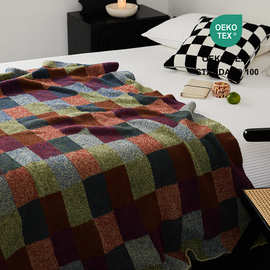 复古格子半边绒针织毛线盖毯搭巾轻奢居家针织毯加厚保暖毯休闲毯