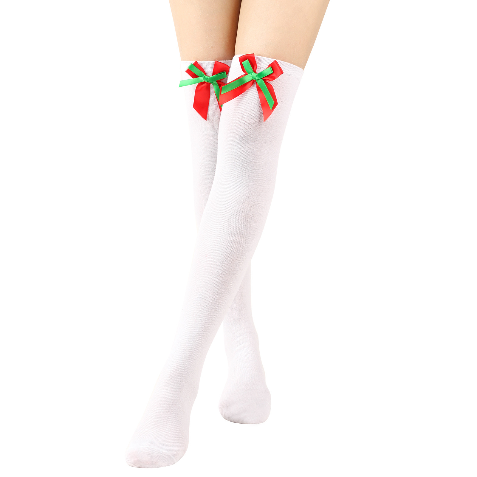 Calzini natalizi unisex con fiocco, calzini a palla, sopra il ginocchio, calzini lunghi da donna, calzini natalizi a righe_voghion.com