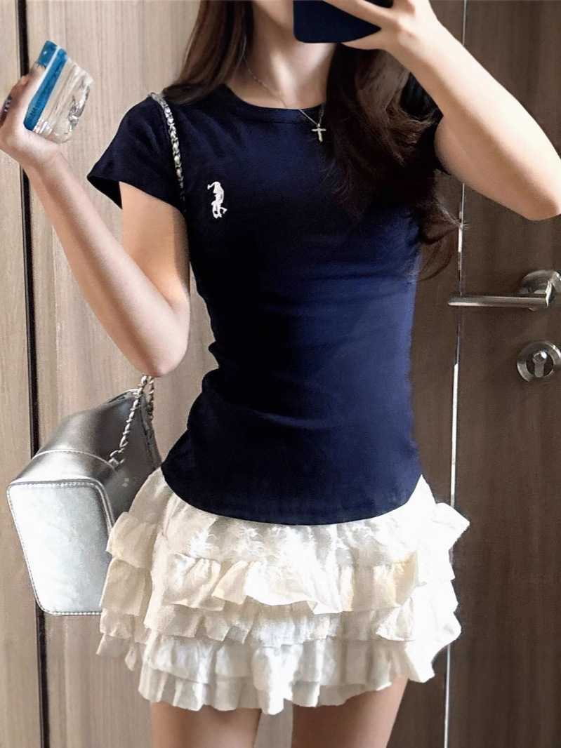 Slim Fit T-Shirt for Women Summer Short Sleeve Versatile Pure Color Sexy Top Instagram Style Hot Girl Fashion_ecoleips.com