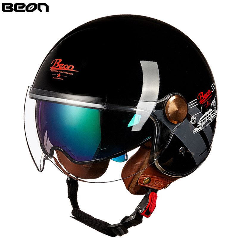 BEON casco de la motocicleta retro medio casco cuatro estaciones universal de los hombres y las mujeres del coche eléctrico de la motocicleta casco de doble lente