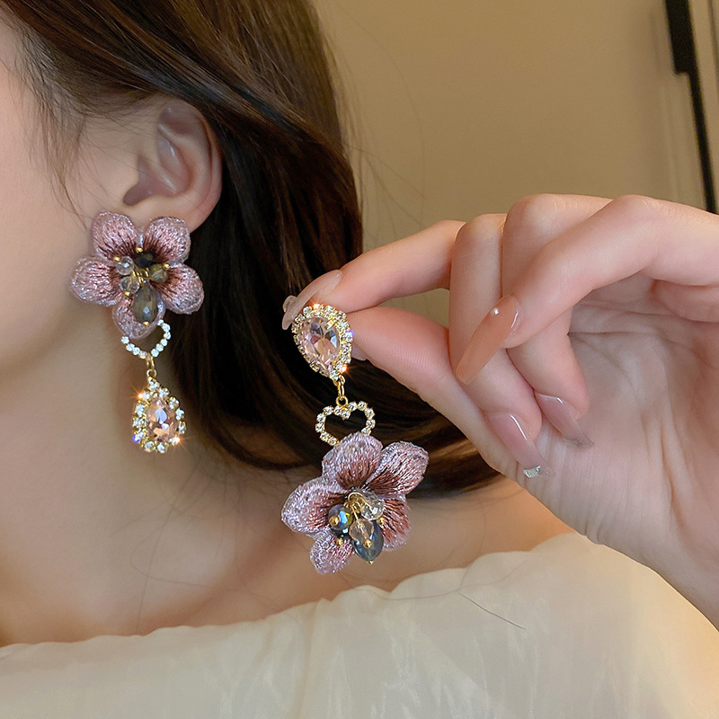 Fashion Flower Cloth Inlay Rhinestones Womenu0027S Drop Earrings 1 Pair