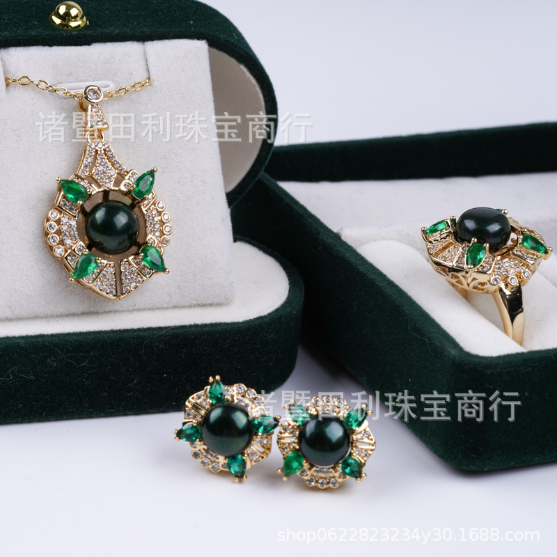 (2개) ZHUJI 특별 가격 도매 하이 엔드 라이트 럭셔리 천연 담수 진주 3 피스 쥬얼리 세트 틈새 지르콘 그린
