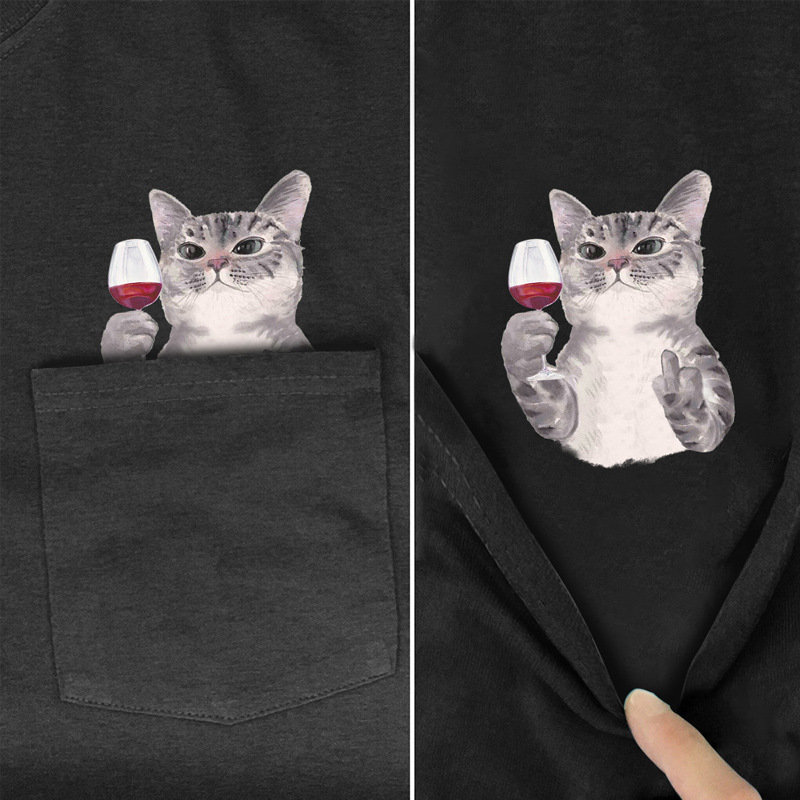 Pocket Short Sleeve Men's CLOOCLT T-shirt Cat T Brown Bear Middle Finger Printed Patch Bag Fun and Novelty Pet_voghion.com