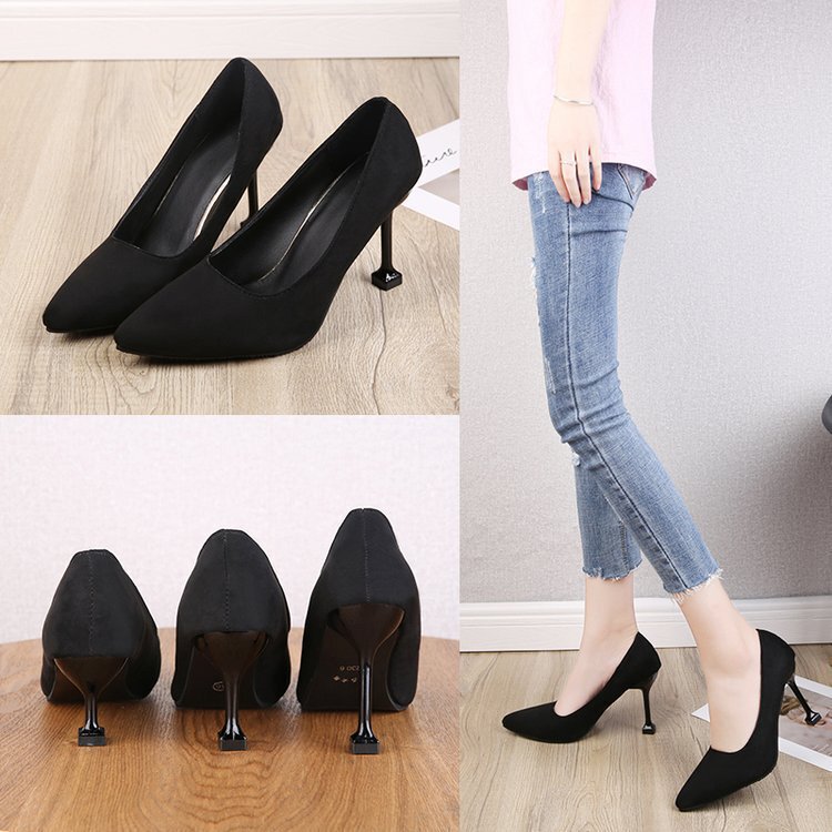High-Heeled Shoes for Women, Black Suede, Pointed Toe, Professional Ol Work Shoes, Solid Color, Thin Heel, Medium Heel, Women's Shallow Mouth Single Shoes
