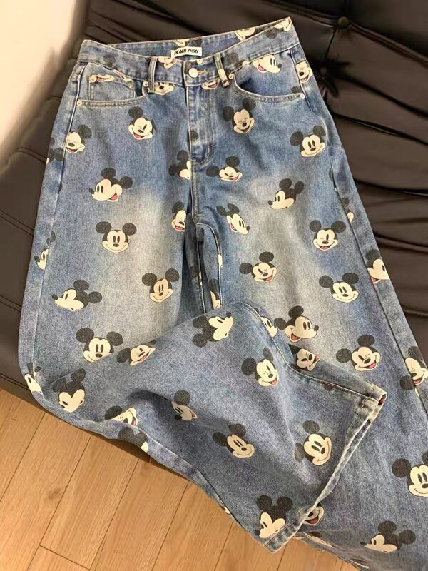 アメリカのレトロなミッキーはプリントの広い足のジーパンの女性の春の新型のゆったりしている感じがします。|undefined