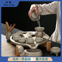 台湾老岩泥粗陶自动茶具家用石磨茶盘茶具套装网红快手功夫茶