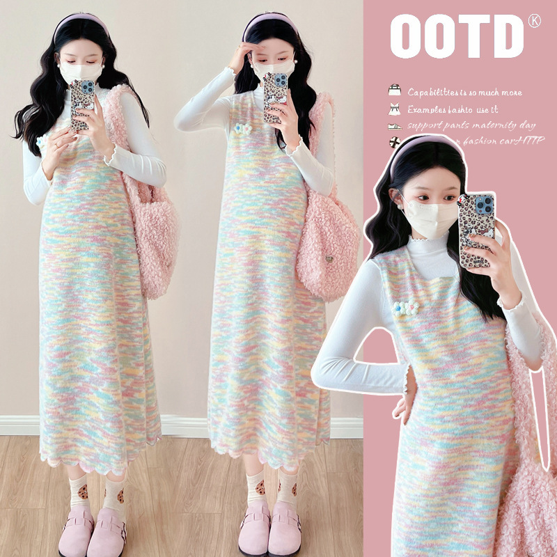 Maternity 2024 Autumn New Online Popular Foreign Style Knitted Crochet Sweet dress Matching Base Shirt Two-Piece Set