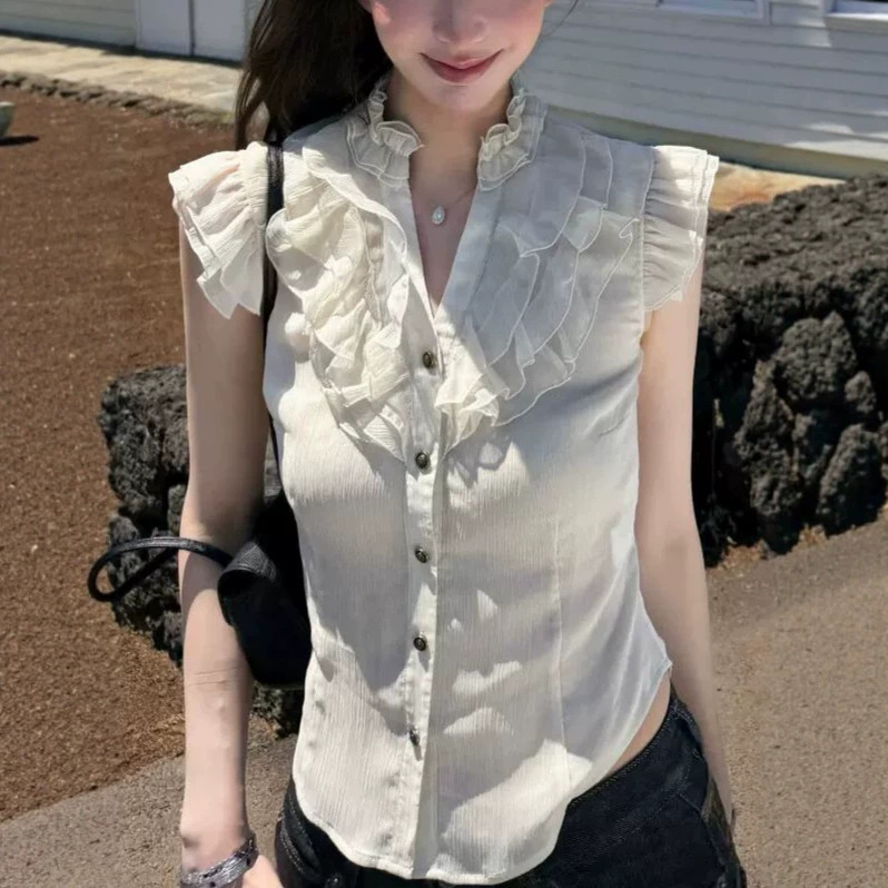 Yangzifn "Miss Aurora" Korean-Style Fragrant and Gentle Ruffled Blouse with a Stylish Vibe and Small Flutter Sleeves