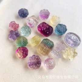 天然糖果七彩萤石雕刻花牌醒狮散珠手链手串手工diy串珠饰品配件