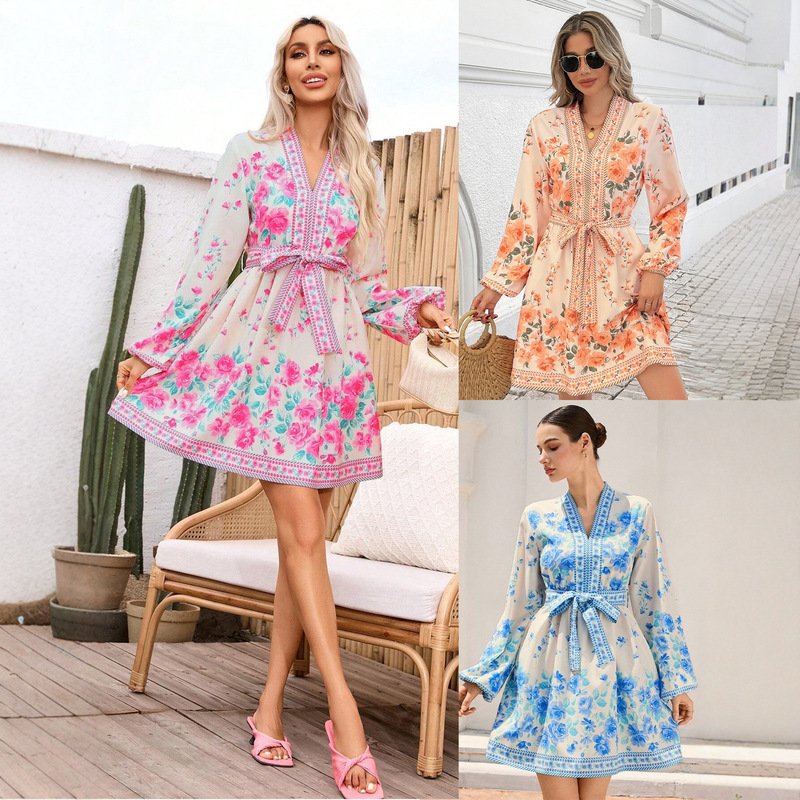 Foreign Trade Amazon Cross-Border 2025 New Autumn and Winter European and American Floral Print Long-Sleeved Tie Dress