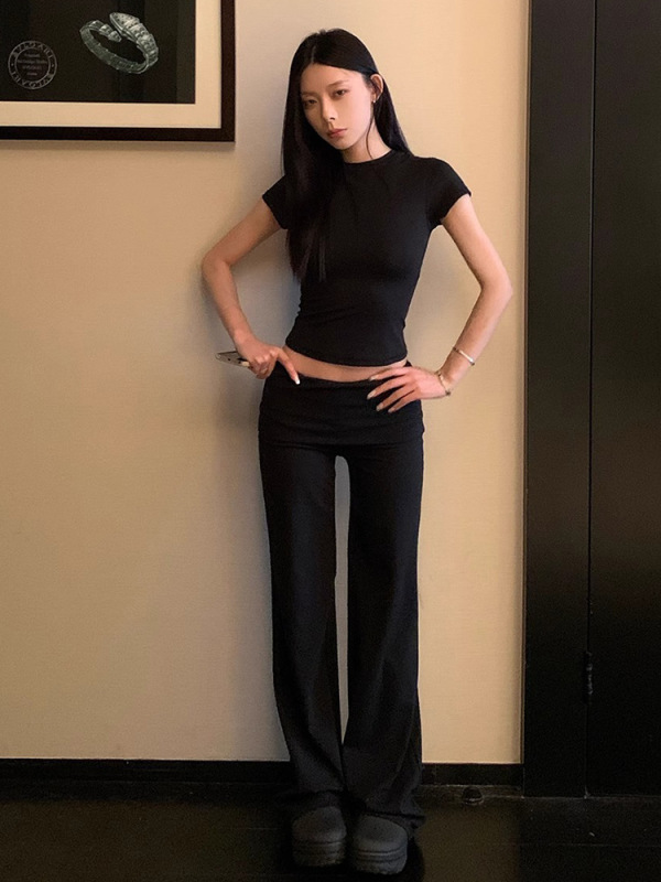 ホットガール夏薄い黒半袖 Tシャツイン韓国語版超スリムカジュアルスポーツヨガフィットネスパンツスーツ|undefined