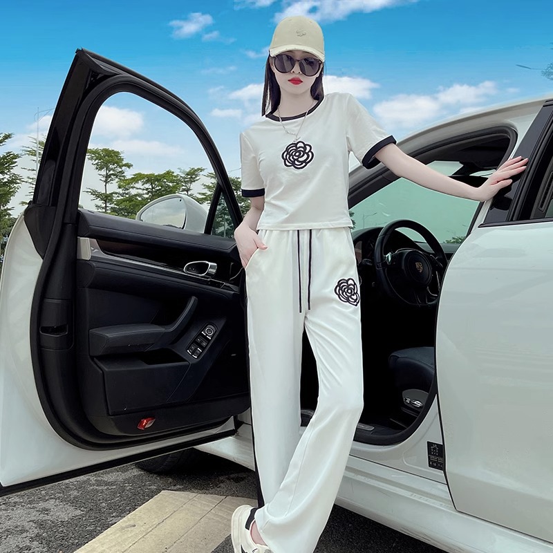 [Original workmanship] Fashion Leisure Sports suit Women's Summer 2025 Wide Leg Pants White Short Sleeve Pants Two Pieces