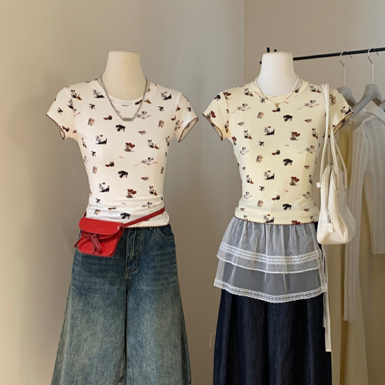 WGWE camiseta de manga corta con estampado de perros y gatos con cuello redondo, camiseta ajustada y elástica para niños, camiseta delgada, camiseta femenina W5536