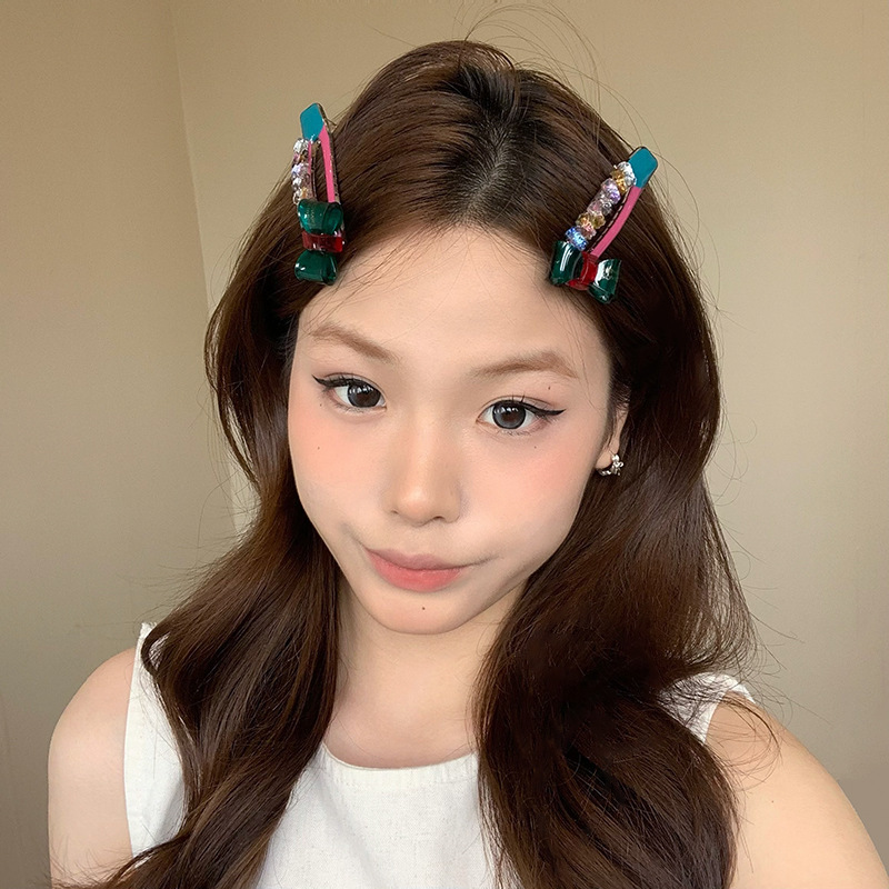 韩系蝴蝶结彩色水钻发夹女高级感2025新款刘海侧边夹鸭嘴夹发饰品|undefined