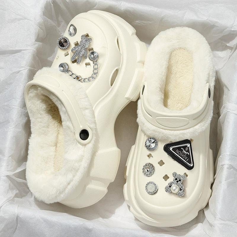 Fleece winter platform ankle clogs, plush‑lined slippers, high chunky sole, sizes 36–41