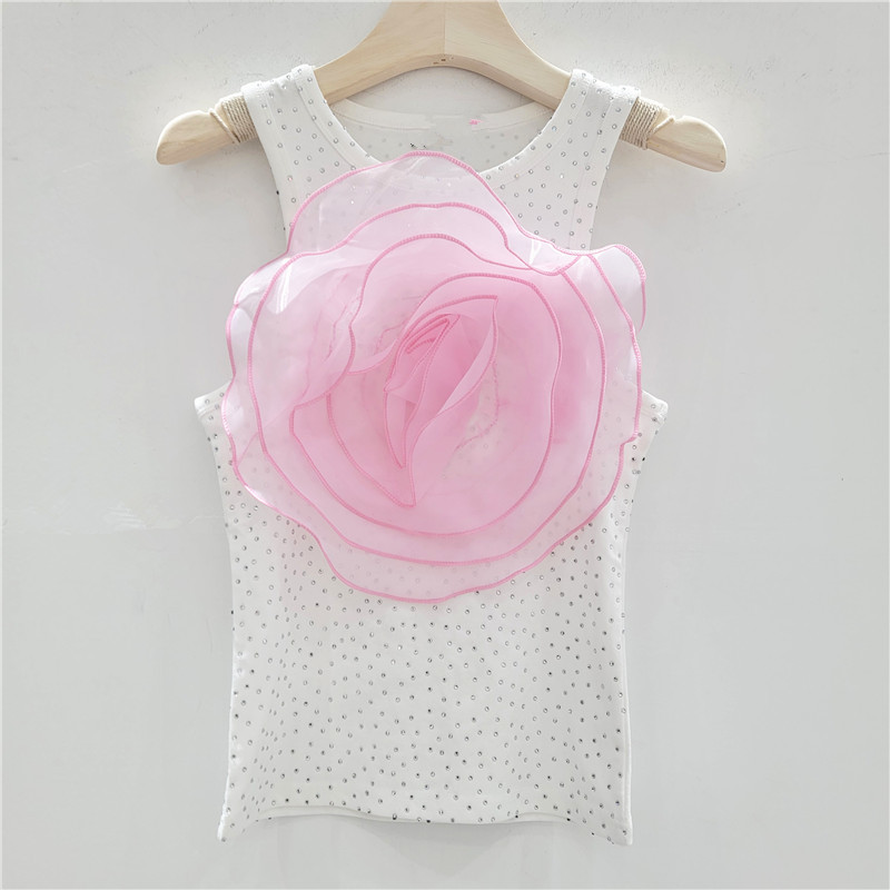 Perforación caliente con una atmósfera femenina de vacaciones chaleco de cinturón decorativo de flores tridimensionales sin mangas para el pecho con una camisa chic