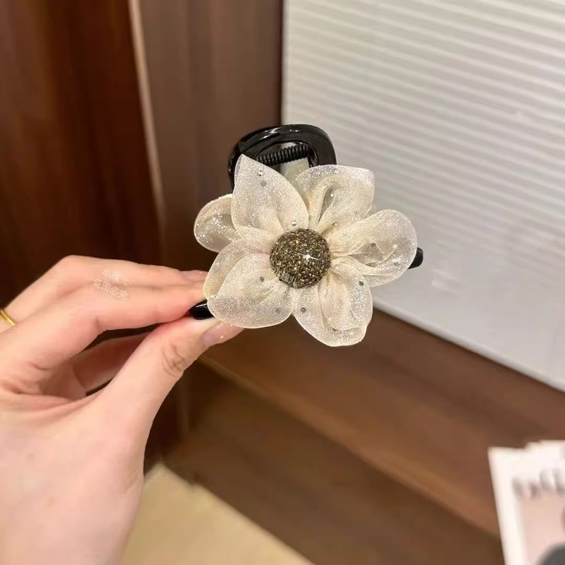 女性のためのハイエンドメッシュラインストーンフラワーグリッパー 2025 新しいサメクリップハイポニーテールヘアクリップ後頭部ヘアクリップ|undefined