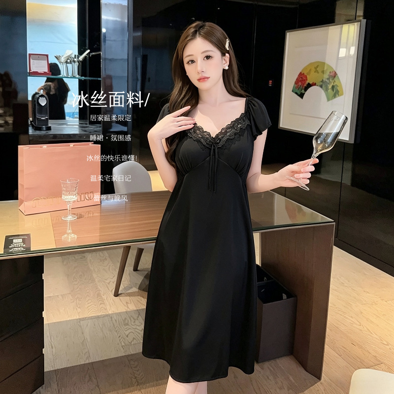 2026 High-End Ice Silk Fabric with Small Flutter Sleeves, Cooling Effect, Detachable Chest Pads, Gentle and Slimming Home Sleepwear 2026 High-End Ice Silk Fabric with Small Flutter Sleeves, Cooling Effect, Detachable Chest Pads, Gentle and Slimming Home Sleepwear