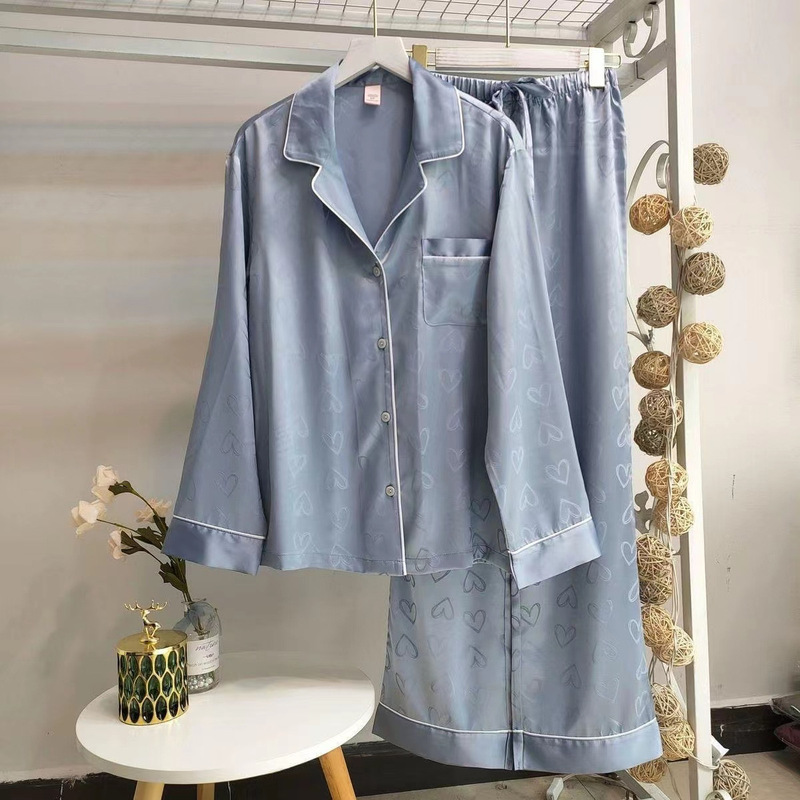 Cross-Border Autumn New Ice Silk Pajamas for Women, Long-Sleeved Trousers, Thin Internet Celebrity Loose Home Clothes, Silk Suits That Can Be Worn Outside