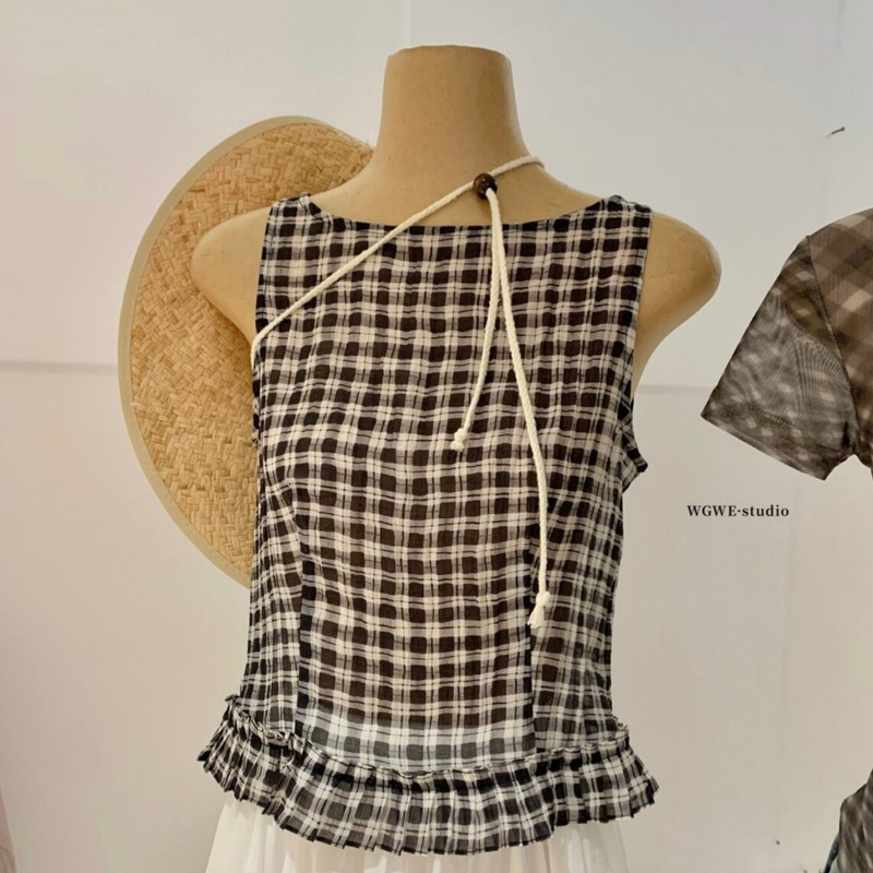 Wgwe Summer French Retro Plaid Ruffled Hem Slimming See-Through Sleeveless Vest Women's Clothing W9764 Wgwe Summer French Retro Plaid Ruffled Hem Slimming See-Through Sleeveless Vest Women's Clothing W9764