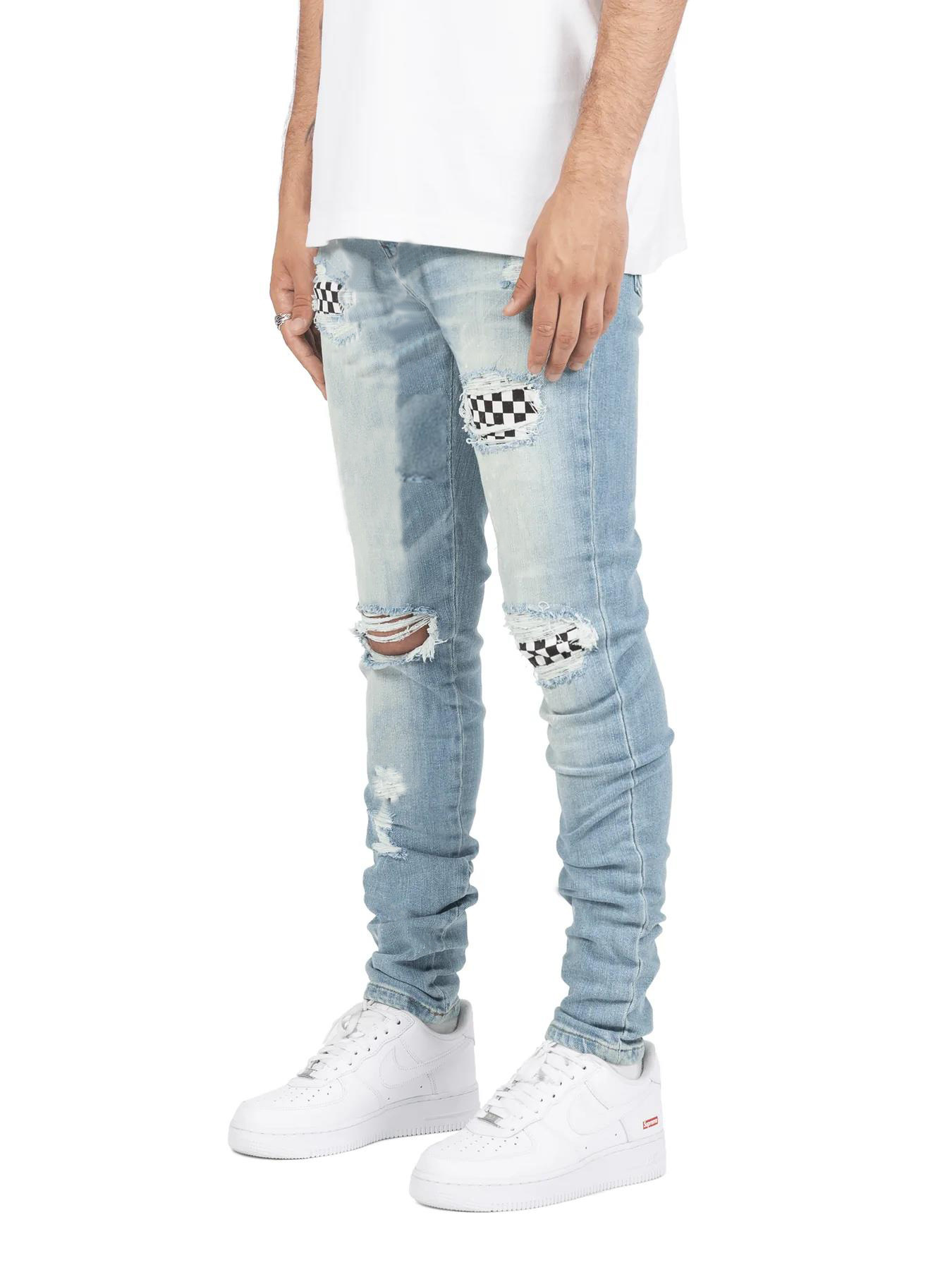 Stazione di abbigliamento maschile stile caldo pantaloni strappati con toppa e gamba piccola autunno e inverno jeans attillati e aderenti strappati da uomo_voghion.com