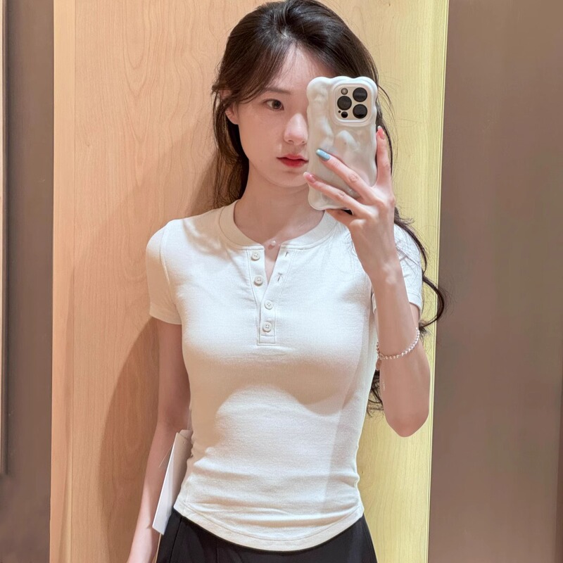 Lulu's Same Style Henry Collar Women's High Elastic Slimming Look Button Round Neck Short-Sleeved T-Shirt Versatile Yoga Wear Summer T-Shirt for Women Lulu's Same Style Henry Collar Women's High Elastic Slimming Look Button Round Neck Short-Sleeved T-Shirt Versatile Yoga Wear Summer T-Shirt for Women