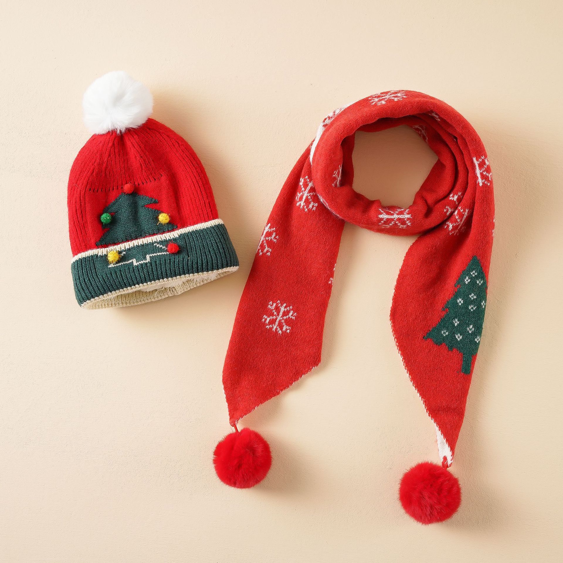 Dos piezas rojo Navidad niños lindo invierno dibujos animados Dibujos Animados árbol de Navidad Bola de piel sombrero bufanda image 6