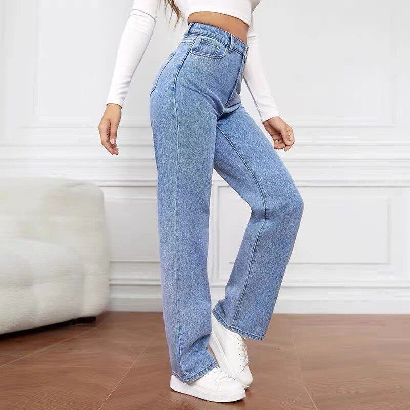 Plus-size European and American light-colored high-waisted women's jeans, washed vintage loose wide-leg large-size straight pants Plus-size European and American light-colored high-waisted women's jeans, washed vintage loose wide-leg large-size straight pants