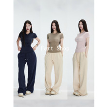 明星同款面料圆领收腰短袖t恤卡戴珊性感舒适透气上衣打底衫早秋