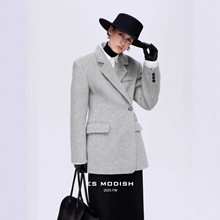 ES MODISH 冬季新品双面呢羊绒大衣女西装款侧扣收腰韩版羊毛外套