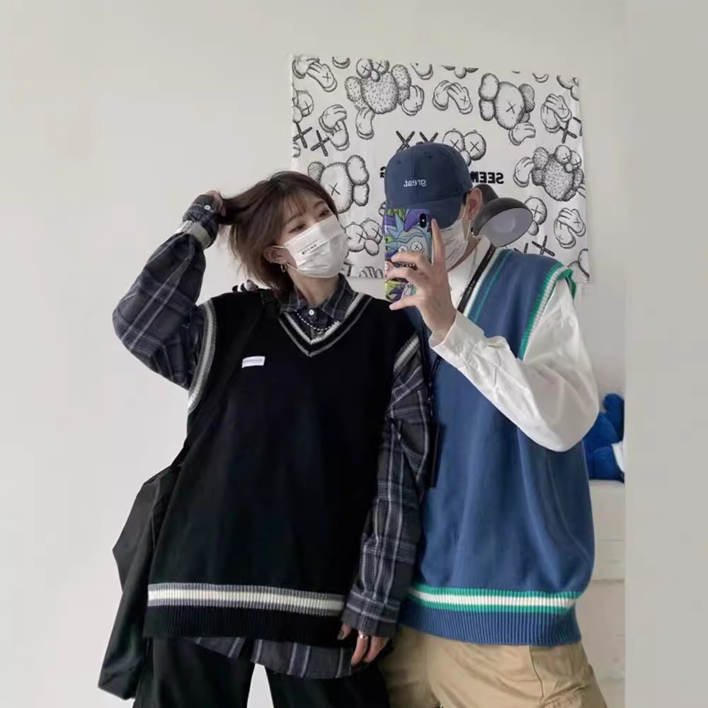 Japanese Style Retro Couple's Black Knitted Vest Men's Spring and Autumn V-Neck Overlap Sweater College Style Top