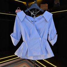 白色五分袖露肩衬衫女2025新款夏季掐腰设计感显瘦法式独特小上衣