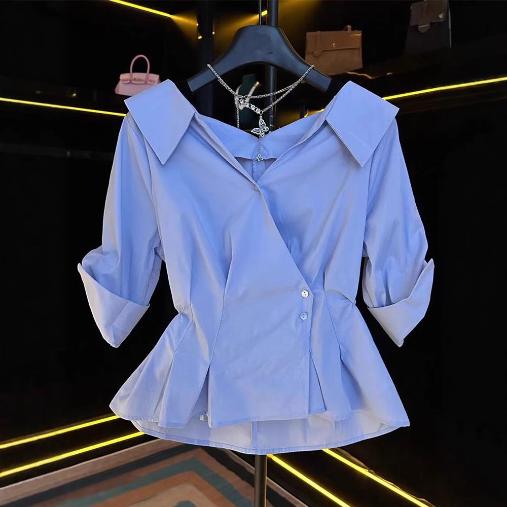 白色五分袖露肩衬衫女2025新款夏季掐腰设计感显瘦法式独特小上衣