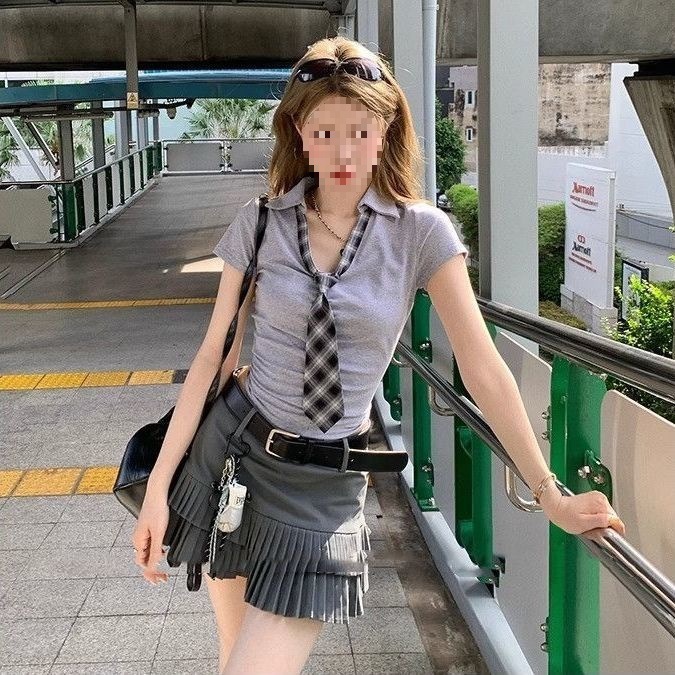 美式辣妹穿搭时尚套装女2025新款POLO领带拼接短袖高腰短裙百褶裙|undefined